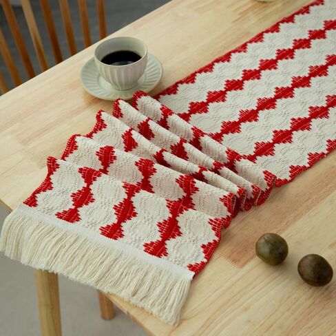 Christmas Boho Table Runner 13x72 inch, Cotton Linen Farmhouse Macrame Table Runner with Tassels, Red Woven Striped Table Runner 72 inches Long Dining Table Runners for Holiday Decoration in Saudi Arabia