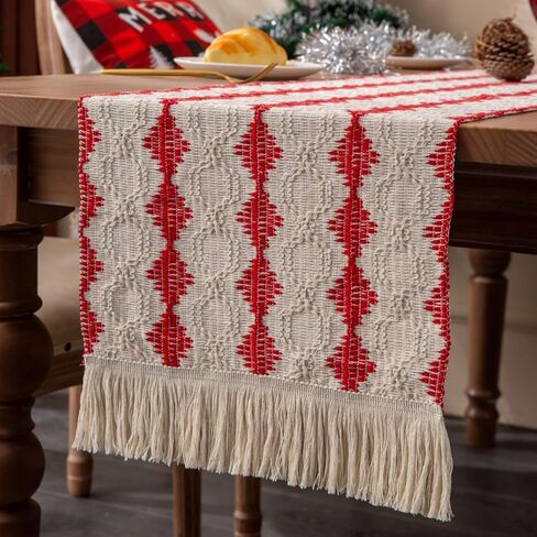 Christmas Boho Table Runner 13x72 inch, Cotton Linen Farmhouse Macrame Table Runner with Tassels, Red Woven Striped Table Runner 72 inches Long Dining Table Runners for Holiday Decoration in Saudi Arabia
