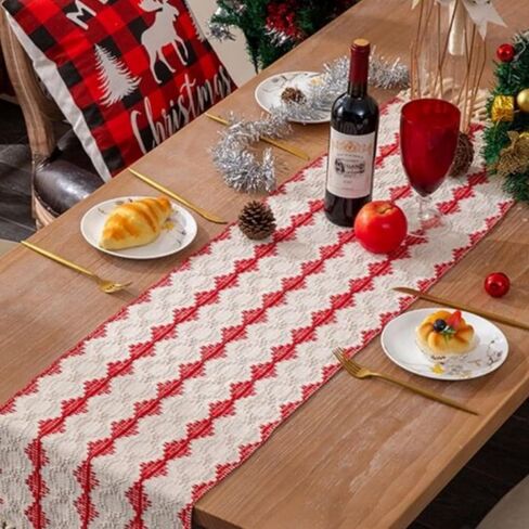 Christmas Boho Table Runner 13x72 inch, Cotton Linen Farmhouse Macrame Table Runner with Tassels, Red Woven Striped Table Runner 72 inches Long Dining Table Runners for Holiday Decoration in Saudi Arabia