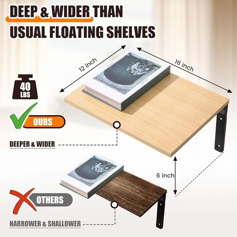 Pinkunn 3 مجموعة أرفف عائمة عميقة 16 عرض × 12 عمق رف خشبي ريفي رف عائم للجدار معلق على الحائط أرفف جدارية عائمة عميقة، أرفف مثبتة على الحائط لغرفة النوم والحمام والمطبخ in Kuwait