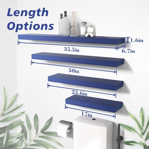 أرفف Habudda العائمة، رف خشبي لتزيين الحائط للحمام وغرفة النوم والمطبخ وغرفة المعيشة، وحدة تخزين معلقة، طويلة جدًا 35.5 بوصة مجموعة من 2، خشبي ريفي باللون الأزرق الداكن in Kuwait