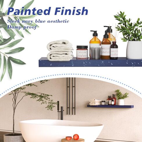 أرفف Habudda العائمة، رف خشبي لتزيين الحائط للحمام وغرفة النوم والمطبخ وغرفة المعيشة، وحدة تخزين معلقة، طويلة جدًا 35.5 بوصة مجموعة من 2، خشبي ريفي باللون الأزرق الداكن in Kuwait