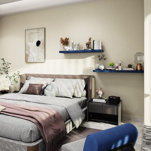 أرفف Habudda العائمة، رف خشبي لتزيين الحائط للحمام وغرفة النوم والمطبخ وغرفة المعيشة، وحدة تخزين معلقة، طويلة جدًا 35.5 بوصة مجموعة من 2، خشبي ريفي باللون الأزرق الداكن in Kuwait