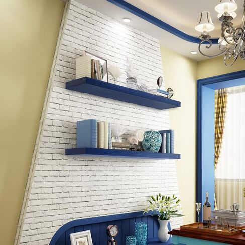 أرفف Habudda العائمة، رف خشبي لتزيين الحائط للحمام وغرفة النوم والمطبخ وغرفة المعيشة، وحدة تخزين معلقة، طويلة جدًا 35.5 بوصة مجموعة من 2، خشبي ريفي باللون الأزرق الداكن in Kuwait