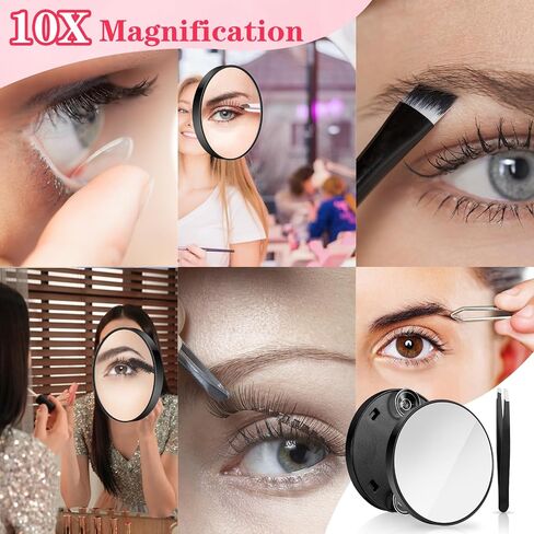 10X Makeup Magnifying Mirror with 2 Suction Cups, Magnified Makeup Mirror Handheld Mirror 10X Magnification 3.5" Portable Cosmetic Mirror withTweeze Set for Travel Makeup Bathroom(Black) in Saudi Arabia