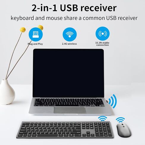 لوحة مفاتيح وماوس لاسلكيان، لوحة مفاتيح وماوس نحيف وهادئ مع جهاز استقبال USB صغير، نقرة صامتة، 2400 نقطة في البوصة، مجموعة لوحة مفاتيح كمبيوتر لاسلكية كاملة الحجم مريحة لأجهزة الكمبيوتر المحمول التي تعمل بنظام Windows - رمادي فضائي in Kuwait