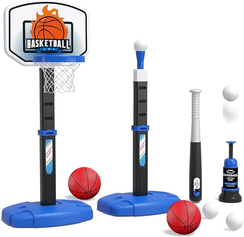 2 in 1 Toddler Basketball Hoop and T Ball Set with Automatic Pitching Machine - Adjustable Height, Kids Basketball Hoop Suit for Indoor/Outdoor, Sport Toys Gifts for Girls Age 3-8, Pink in Kuwait