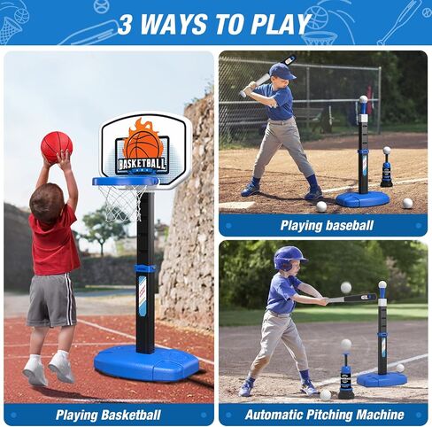 2 in 1 Toddler Basketball Hoop and T Ball Set with Automatic Pitching Machine - Adjustable Height, Kids Basketball Hoop Suit for Indoor/Outdoor, Sport Toys Gifts for Girls Age 3-8, Pink in Kuwait