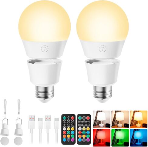 Brightown E26 Rechargeable Light Bulb with Remote and Timer, Battery Backup Bulb for Sconces and Lamps, E26 Detachable Charging for Non-Hardwired Fixture, 3 Color Temperatures + 9 RGB Colors, 2 Pack in Kuwait