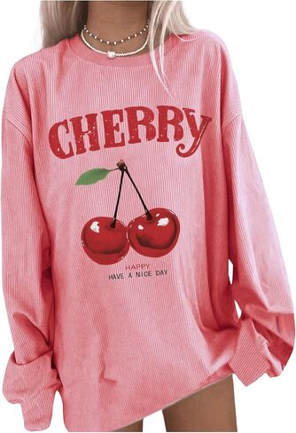 Women's Cherry Graphic Long Sleeve Corduroy Sweatshirt Drop Shoulder Crew Neck Pullover Tops in Saudi Arabia
