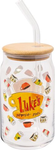 Silver Buffalo Gilmore Girls Luke's Diner Logo Glass Tumbler with Bamboo Lid and Glass Straw, 16 Ounces in Saudi Arabia