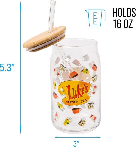 Silver Buffalo Gilmore Girls Luke's Diner Logo Glass Tumbler with Bamboo Lid and Glass Straw, 16 Ounces in Saudi Arabia