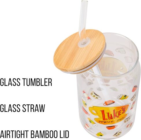 Silver Buffalo Gilmore Girls Luke's Diner Logo Glass Tumbler with Bamboo Lid and Glass Straw, 16 Ounces in Saudi Arabia
