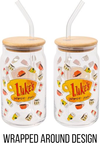 Silver Buffalo Gilmore Girls Luke's Diner Logo Glass Tumbler with Bamboo Lid and Glass Straw, 16 Ounces in Saudi Arabia