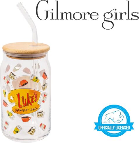 Silver Buffalo Gilmore Girls Luke's Diner Logo Glass Tumbler with Bamboo Lid and Glass Straw, 16 Ounces in Saudi Arabia