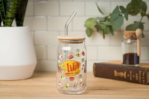 Silver Buffalo Gilmore Girls Luke's Diner Logo Glass Tumbler with Bamboo Lid and Glass Straw, 16 Ounces in Saudi Arabia
