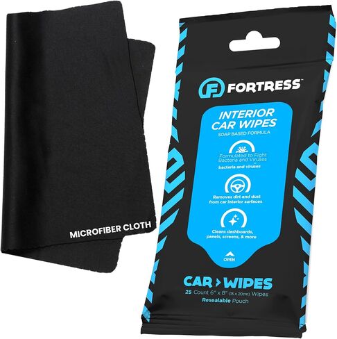 Fortress Car Interior Wipes (25 ct.) for Car Interior Cleaning, Dashboard, Seats, Detailing, and Steering Wheel [Travel Size] Skin-Safe Car Interior Cleaner Supplies in Kuwait