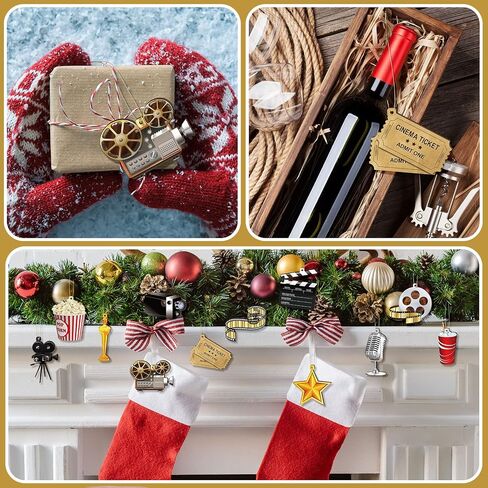 60 Pcs Christmas Movie Night Party Supplies Hanging Wood Movie Ornament with Ribbons Movie Night Decorations Theater Movie Party Decorations Movie Theme Party Supplies for Xmas Tree Home Mantel Decor in Kuwait