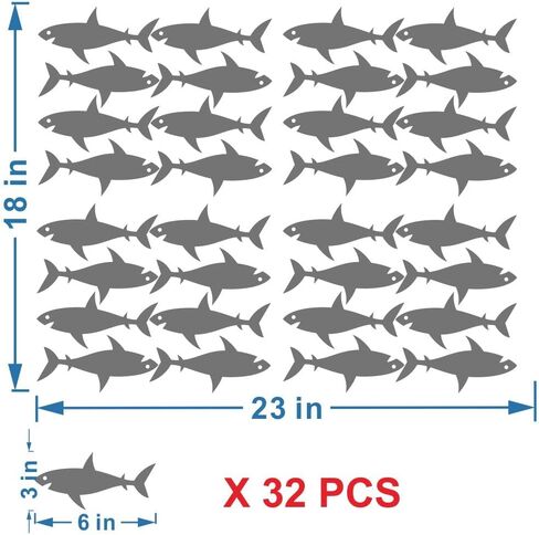Shark Wall Decals - PVC Removable Wall Stickers with Cute Sharks, Sea Creatures and Fish - Ocean Wall Decor for Kids Room and Nursery - 32 Pieces - 3" x 6" Each JWH194 (Black) in Kuwait
