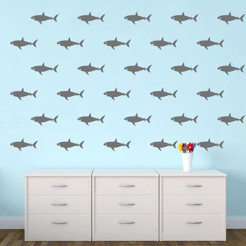 Shark Wall Decals - PVC Removable Wall Stickers with Cute Sharks, Sea Creatures and Fish - Ocean Wall Decor for Kids Room and Nursery - 32 Pieces - 3" x 6" Each JWH194 (Black) in Kuwait