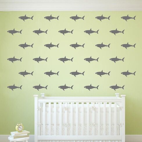 Shark Wall Decals - PVC Removable Wall Stickers with Cute Sharks, Sea Creatures and Fish - Ocean Wall Decor for Kids Room and Nursery - 32 Pieces - 3" x 6" Each JWH194 (Black) in Kuwait