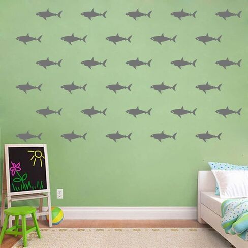 Shark Wall Decals - PVC Removable Wall Stickers with Cute Sharks, Sea Creatures and Fish - Ocean Wall Decor for Kids Room and Nursery - 32 Pieces - 3" x 6" Each JWH194 (Black) in Kuwait