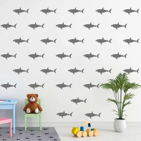 Shark Wall Decals - PVC Removable Wall Stickers with Cute Sharks, Sea Creatures and Fish - Ocean Wall Decor for Kids Room and Nursery - 32 Pieces - 3" x 6" Each JWH194 (Black) in Kuwait