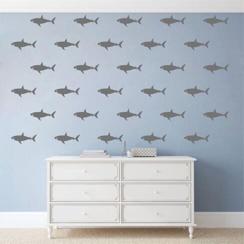 Shark Wall Decals - PVC Removable Wall Stickers with Cute Sharks, Sea Creatures and Fish - Ocean Wall Decor for Kids Room and Nursery - 32 Pieces - 3" x 6" Each JWH194 (Black) in Kuwait