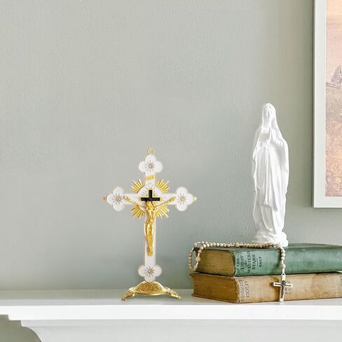 KOMI 5 Inch Catholic Metal Jesus Cross Standing, White Crucifix for Home Decoration, Table Crucifix Religious Gift in Saudi Arabia