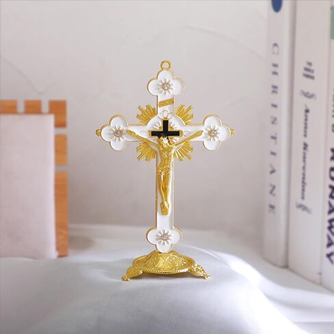 KOMI 5 Inch Catholic Metal Jesus Cross Standing, White Crucifix for Home Decoration, Table Crucifix Religious Gift in Saudi Arabia