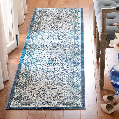 SAFAVIEH Aria Collection Runner Rug - 2' x 8', Ivory & Navy, Oriental Medallion Distressed Design, Non-Shedding & Easy Care, Ideal for High Traffic Areas in Living Room, Bedroom (ARA770A) in Saudi Arabia