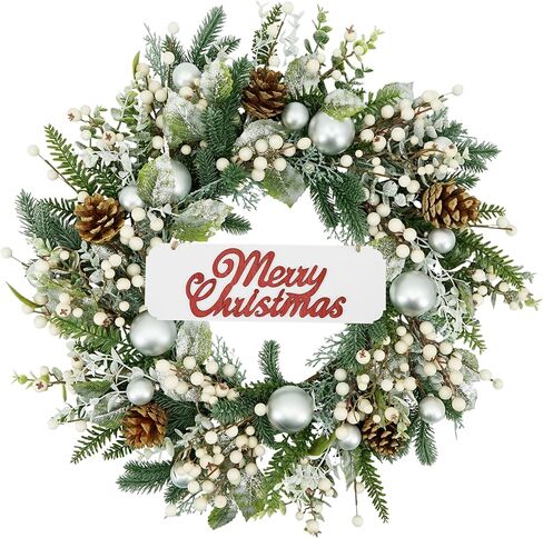 YNYLCHMX 20 Inch Christmas Wreath for Front Door, Winter Wreath with Welcome Sign Pine Needle Pine Cone Berry Artificial Door Xmas Wreaths for Window Wall Fireplace Farmhouse Holiday Party Decoration in Kuwait