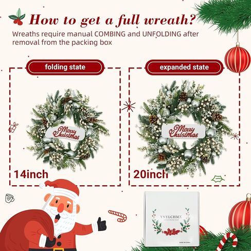YNYLCHMX 20 Inch Christmas Wreath for Front Door, Winter Wreath with Welcome Sign Pine Needle Pine Cone Berry Artificial Door Xmas Wreaths for Window Wall Fireplace Farmhouse Holiday Party Decoration in Kuwait