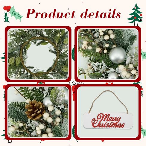 YNYLCHMX 20 Inch Christmas Wreath for Front Door, Winter Wreath with Welcome Sign Pine Needle Pine Cone Berry Artificial Door Xmas Wreaths for Window Wall Fireplace Farmhouse Holiday Party Decoration in Kuwait