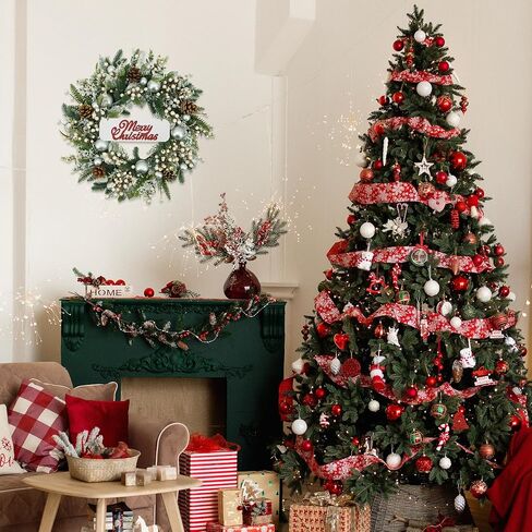 YNYLCHMX 20 Inch Christmas Wreath for Front Door, Winter Wreath with Welcome Sign Pine Needle Pine Cone Berry Artificial Door Xmas Wreaths for Window Wall Fireplace Farmhouse Holiday Party Decoration in Kuwait