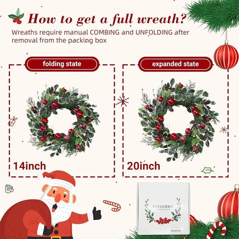 YNYLCHMX 20 Inch Christmas Wreath for Front Door, Winter Wreath with Welcome Sign Pine Needle Pine Cone Berry Artificial Door Xmas Wreaths for Window Wall Fireplace Farmhouse Holiday Party Decoration in Kuwait