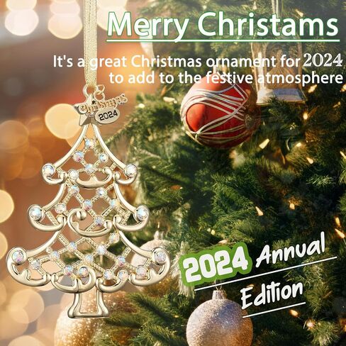Christmas Ornament 2024 Decoration for Christmas Tree Hanging Metal Christmas Tree Dated 2024 Annual Edition Shiny Gold Ornaments Holiday Decorative Xmas Gifts for Family Friends in Saudi Arabia