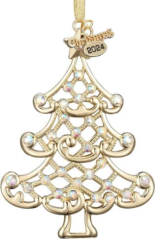 Christmas Ornament 2024 Decoration for Christmas Tree Hanging Metal Christmas Tree Dated 2024 Annual Edition Shiny Gold Ornaments Holiday Decorative Xmas Gifts for Family Friends in Saudi Arabia