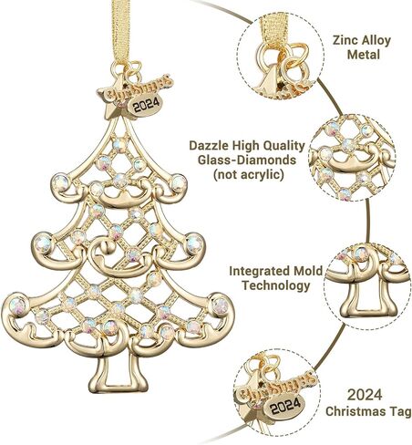 Christmas Ornament 2024 Decoration for Christmas Tree Hanging Metal Christmas Tree Dated 2024 Annual Edition Shiny Gold Ornaments Holiday Decorative Xmas Gifts for Family Friends in Saudi Arabia