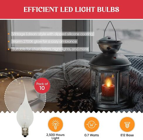 مصابيح إضاءة ليلية LED من السيليكون من Creative Hobbies، مصابيح إضاءة بديلة C7 - 0.7 وات تعادل 4 وات 5 وات 6 وات 7 وات، أبيض دافئ 2700 ك، أضواء سلسلة عيد الميلاد، شموع النوافذ الكهربائية | 10 عبوات in Saudi Arabia