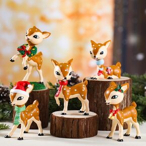 Wesiti 5 Pcs Christmas Vintage Resin Reindeer Figurine Decor Retro Deer Decoration Cute Xmas Mini Deer Statues Tabletop Ornaments for Home Room Desktop Cabinet Office Decoration Gift