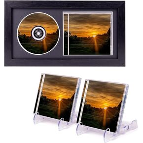 Premium Wooden CD Display Frame,CD Display Frame for CD case and Disc,With 2 Acrylic CD Cases Racks, Wall and Countertop Display,Record CD Frame Display