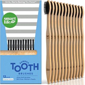Charcoal Bamboo Toothbrushes - Extra Soft Natural Bristles For Adults & Kids Teeth | Zero Waste Biodegradable Bulk Wooden Tooth Brush Travel Kit | BPA Free, Eco-Friendly, Vegan Compostable - (12 Pack)