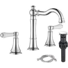 Polished Chrome Bathroom Faucet, Traditional Porcelain Handle 8 inch Widespread Bathroom Faucets for Sink 3 Hole, 8 in Spread Bath Vanity Faucet, with 2Pcs Water Supply Lines and Pop-up Drain