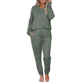 Womens Pajama Sets Waffle Knit 2 Piece Lounge Sets Sleepwear Loungewear Pjs Sets Long Sleeve V Neck Top and Pant Fall