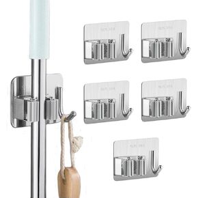 6Pcs Broom Holder Wall Mount, Stainless Steel Broom Storage Holder, Self Adhesive Anti-Slip Adhesive Hook Broom Holder Wall Mount for Bathroom, Kitchen, Office (Silver)
