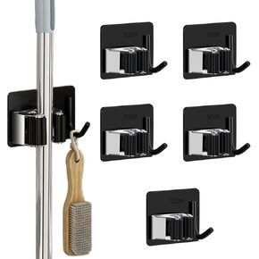 6Pcs Broom Holder Wall Mount, Stainless Steel Broom Storage Holder, Self Adhesive Anti-Slip Adhesive Hook Broom Holder Wall Mount for Bathroom, Kitchen, Office (Silver)