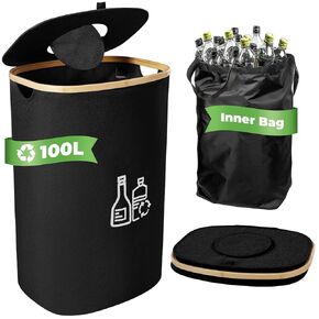 Indoor Recycle Bins for Kitchen with Removeable and Reusable Inner Bag, 26 Gallon 100L Recycling Bin with Lid for Bottle Can Glass Waste Plastice Stickers,Black