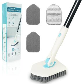 Tile Tub Scrubber Brush with 3 Different Function Cleaning Heads, 50" Extendable Long Handle Shower Cleaner Brush, No Scratch Floor Scrub Brush for Cleaning Bathroom, Kitchen, Toilet, Sink