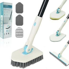 Tile Tub Scrubber Brush with 3 Different Function Cleaning Heads, 50" Extendable Long Handle Shower Cleaner Brush, No Scratch Floor Scrub Brush for Cleaning Bathroom, Kitchen, Toilet, Sink